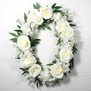 White Rose Wreaths 12 Inch Oval Silk Artificial Flowers 1 Pc Wall Hanging Home Decor