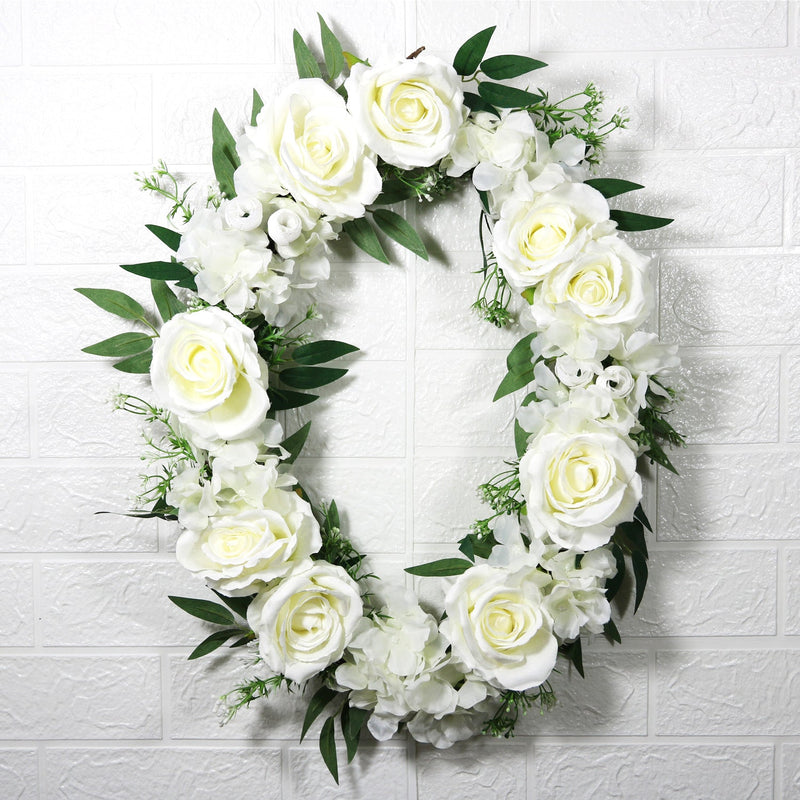 White Rose Wreaths 12 Inch Oval Silk Artificial Flowers 1 Pc Wall Hanging Home Decor