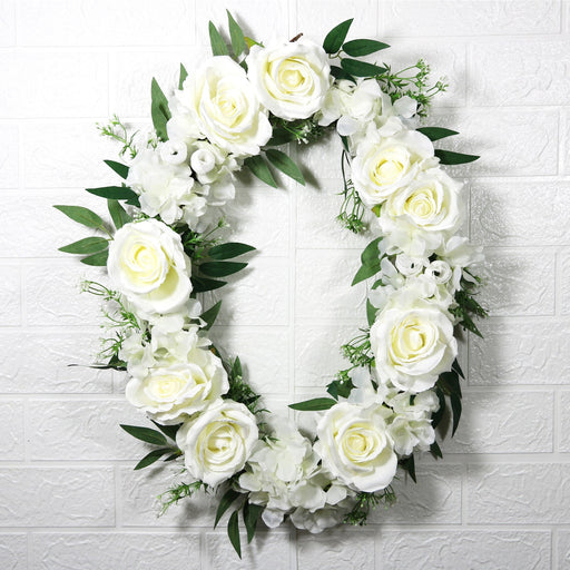 White Rose Wreaths 12 Inch Oval Silk Artificial Flowers 1 Pc Wall Hanging Home Decor