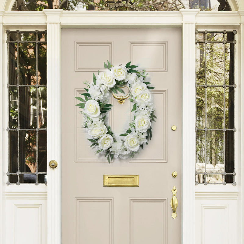 White Rose Wreaths 12 Inch Oval Silk Artificial Flowers 1 Pc Wall Hanging Home Decor