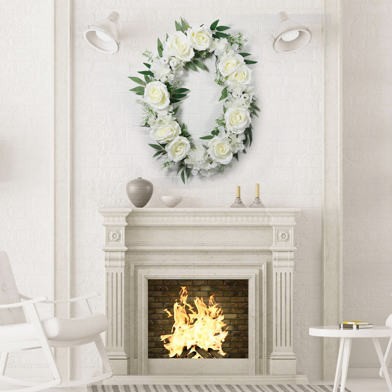 White Rose Wreaths 12 Inch Oval Silk Artificial Flowers 1 Pc Wall Hanging Home Decor