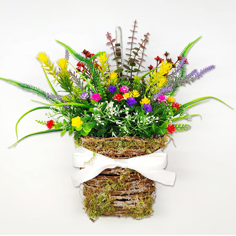 Artificial Wildflower Basket Wreath Door Hanger 12 Inch Bulk Silk Flowers for Front Door Porch Wall Decor