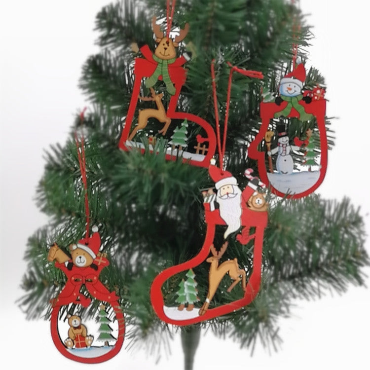Wood Christmas Hanging Ornaments Set 12 Pcs Socks Shoes Glove Shapes Pendant Holiday Decor Bulk