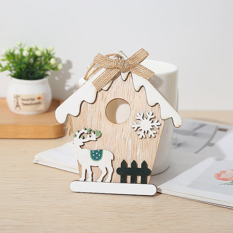 10 Pcs Wooden Snow House Hanging Ornaments with Rope Christmas Decorations Bulk