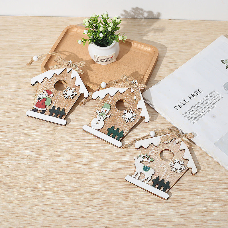 10 Pcs Wooden Snow House Hanging Ornaments with Rope Christmas Decorations Bulk