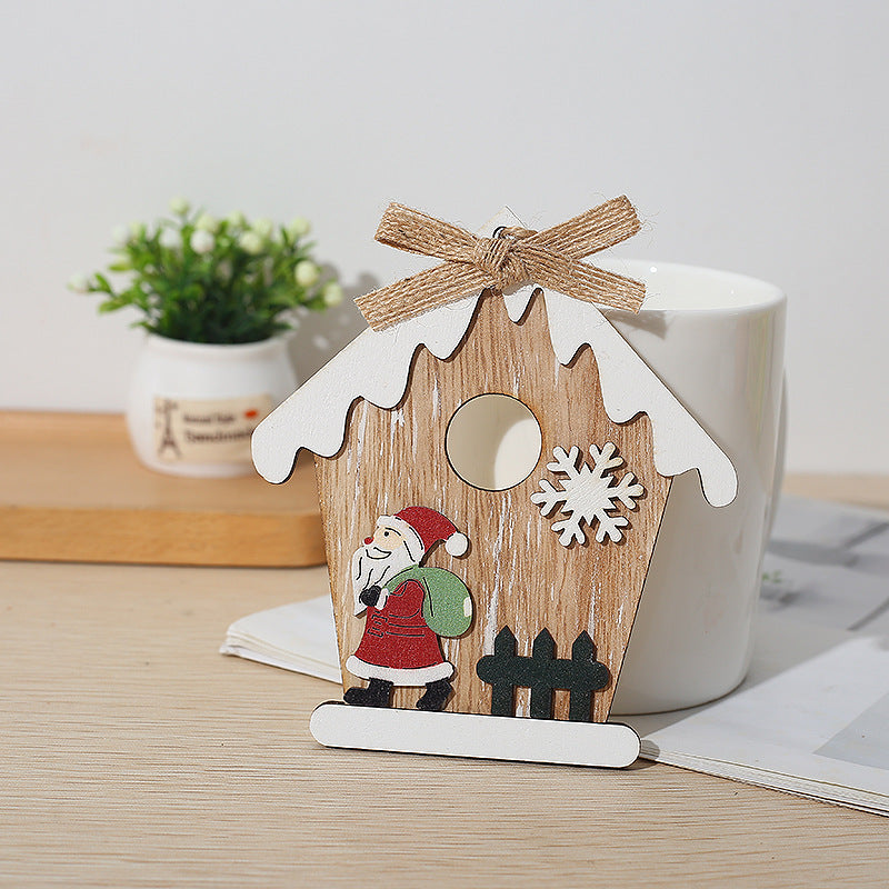 10 Pcs Wooden Snow House Hanging Ornaments with Rope Christmas Decorations Bulk