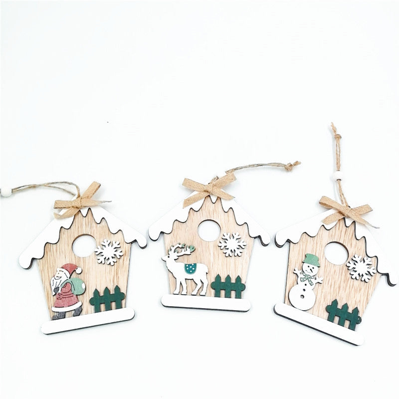 10 Pcs Wooden Snow House Hanging Ornaments with Rope Christmas Decorations Bulk