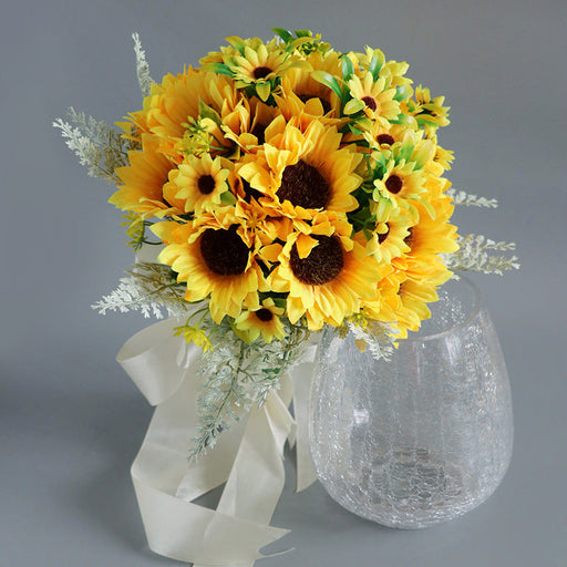 9.8 Inch Yellow Artificial Sunflower Bridal Bouquet 1 Pc Wedding Flower Arrangement