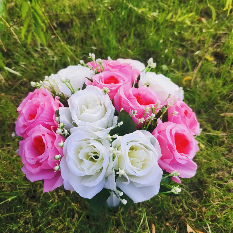 22 Colors Artificial Rose Bush Bouquets for Graves and Memorials, Bulk Wholesale Cemetery Flowers in Vase