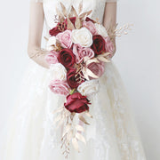 9 Inch Cascading Rose Bridal Bouquet 12 Stems Pink and Red Artificial Wedding Flowers