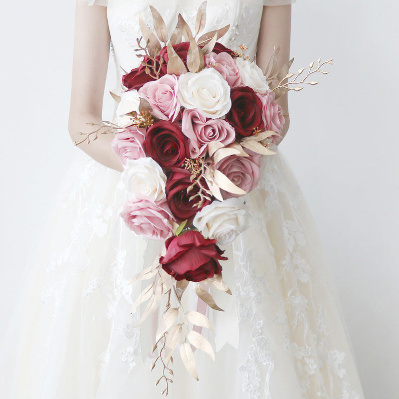 9 Inch Cascading Rose Bridal Bouquet 12 Stems Pink and Red Artificial Wedding Flowers