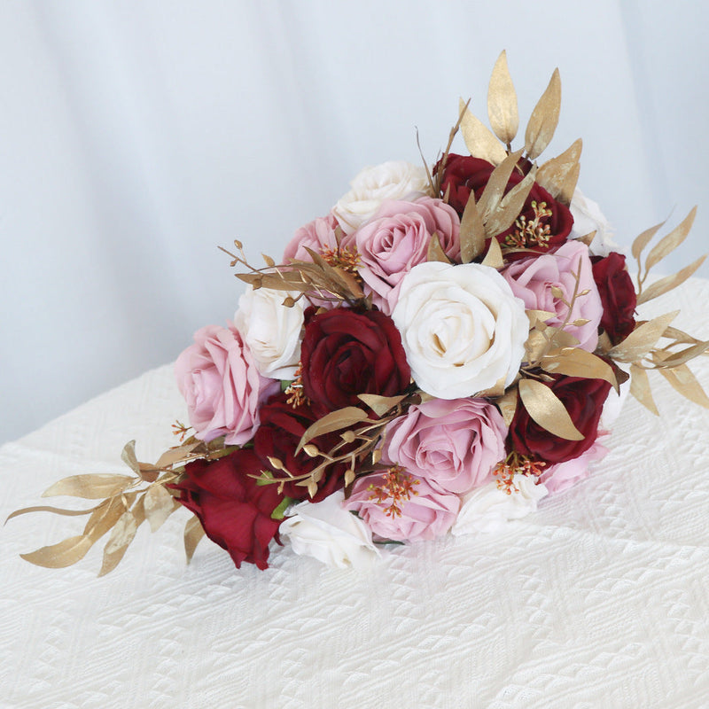 9 Inch Cascading Rose Bridal Bouquet 12 Stems Pink and Red Artificial Wedding Flowers