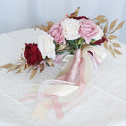 9 Inch Cascading Rose Bridal Bouquet 12 Stems Pink and Red Artificial Wedding Flowers
