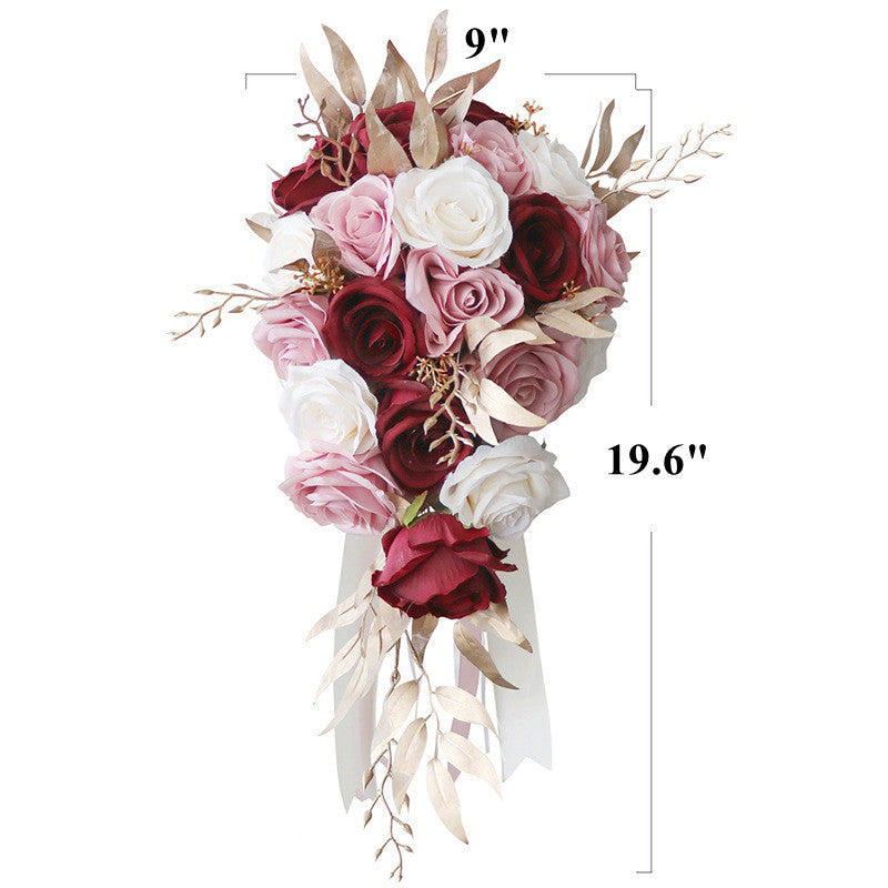 9 Inch Cascading Rose Bridal Bouquet 12 Stems Pink and Red Artificial Wedding Flowers