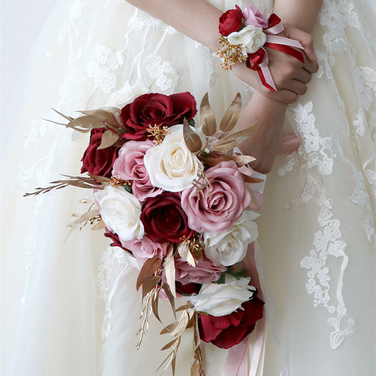 9 Inch Cascading Rose Bridal Bouquet 12 Stems Pink and Red Artificial Wedding Flowers