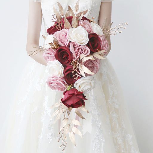 9 Inch Cascading Rose Bridal Bouquet 12 Stems Pink and Red Artificial Wedding Flowers