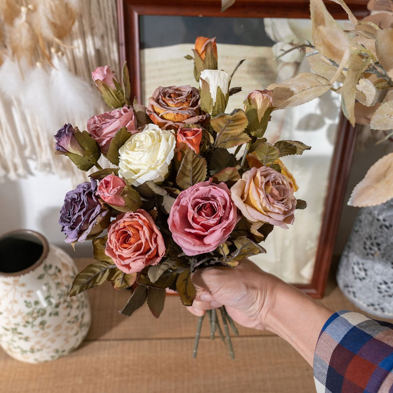 12 Inch Burnt Edge Vintage Rose Stem Spray, 10 Pcs Artificial Flowers Bulk