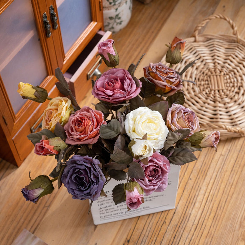 12 Inch Burnt Edge Vintage Rose Stem Spray, 10 Pcs Artificial Flowers Bulk