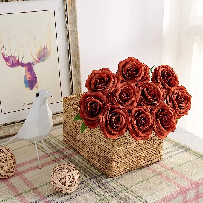 10 Pcs Artificial Silk Rose Stems, 12 Inch, Red, Wholesale Bouquet Flowers