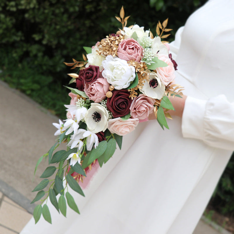 10 Pcs Dusty Rose Artificial Cascading Rose and Peony Bridal Bouquets for Wedding