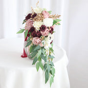 10 Pcs Dusty Rose Artificial Cascading Rose and Peony Bridal Bouquets for Wedding
