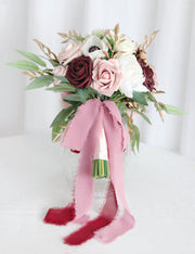 10 Pcs Dusty Rose Artificial Cascading Rose and Peony Bridal Bouquets for Wedding