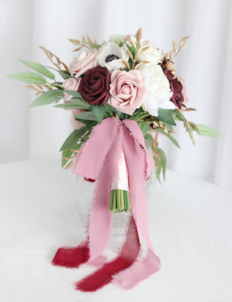10 Pcs Dusty Rose Artificial Cascading Rose and Peony Bridal Bouquets for Wedding