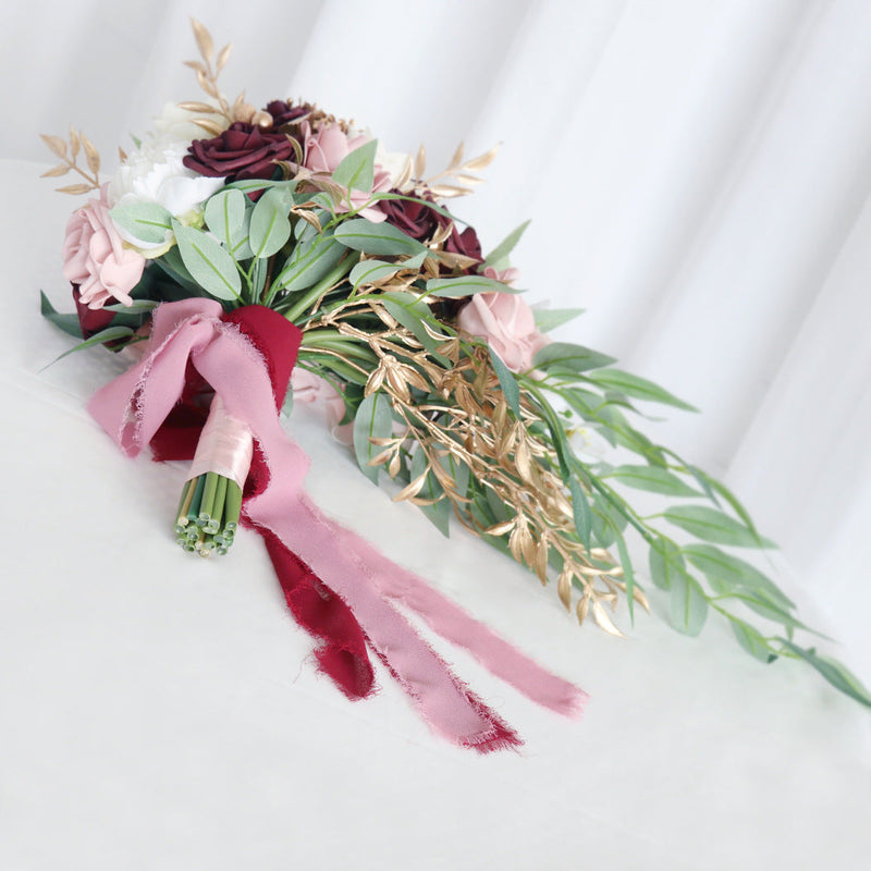 10 Pcs Dusty Rose Artificial Cascading Rose and Peony Bridal Bouquets for Wedding