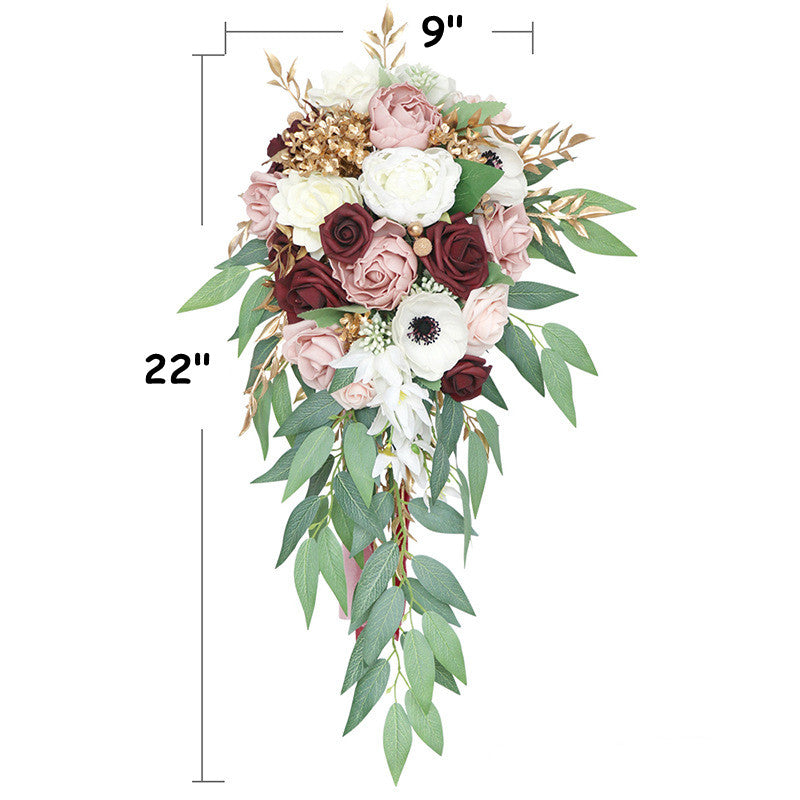 10 Pcs Dusty Rose Artificial Cascading Rose and Peony Bridal Bouquets for Wedding