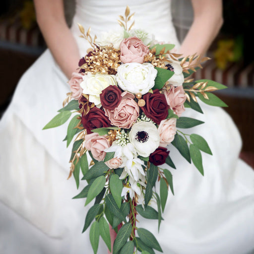 10 Pcs Dusty Rose Artificial Cascading Rose and Peony Bridal Bouquets for Wedding