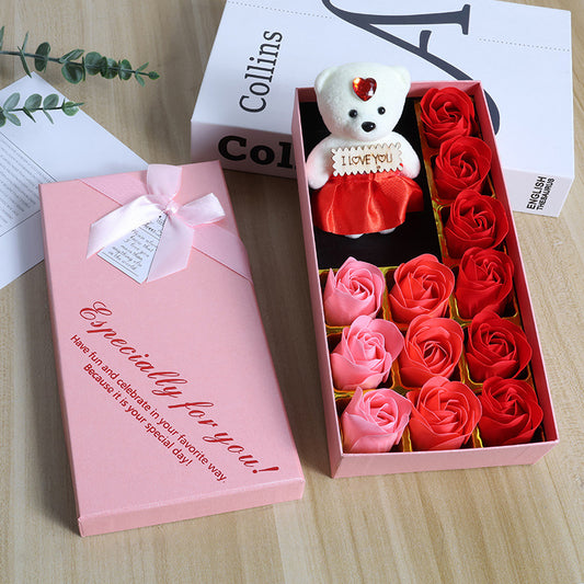 Valentine's Day 12 Gradient Rose Soap Flowers Box with Bear - Cute Gift for Her