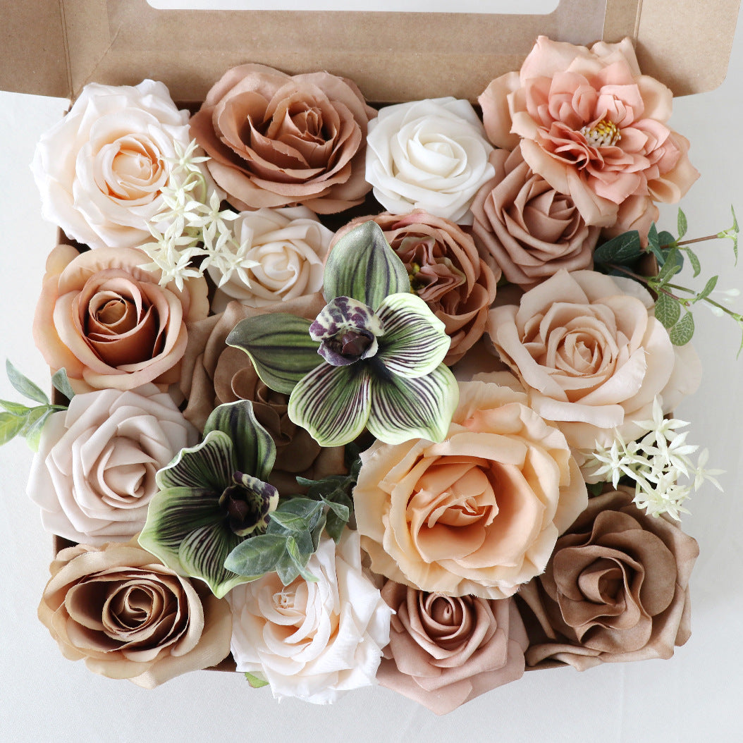 Artificial Caramel Rose & Cymbidium Boxed Flowers | Wedding Ceremony Decor DIY Bridal Bouquet Birthday & Wedding Gift