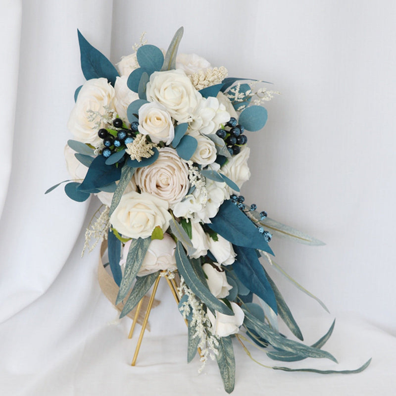 11 Inch Cascading Noble Rose Bouquet, Navy Blue and Champagne, 1 Pc Artificial Wedding Flowers