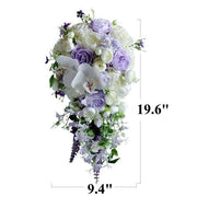 9 Inch Cascading Orchid Bouquet 12 Stems Purple and Ivory Artificial Silk Wedding Bridal Flowers