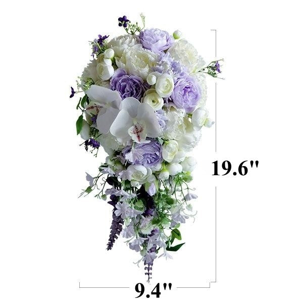 9 Inch Cascading Orchid Bouquet 12 Stems Purple and Ivory Artificial Silk Wedding Bridal Flowers