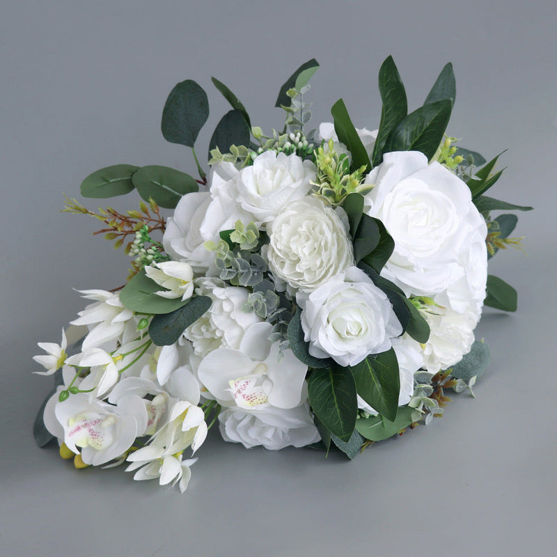 11 Inch White Rose and Orchid Cascading Bridal Bouquet Artificial Flowers Bulk Quantity