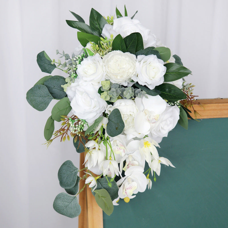 11 Inch White Rose and Orchid Cascading Bridal Bouquet Artificial Flowers Bulk Quantity