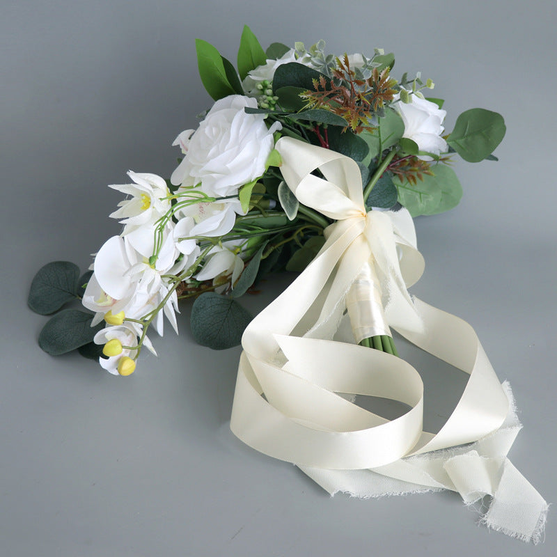 11 Inch White Rose and Orchid Cascading Bridal Bouquet Artificial Flowers Bulk Quantity