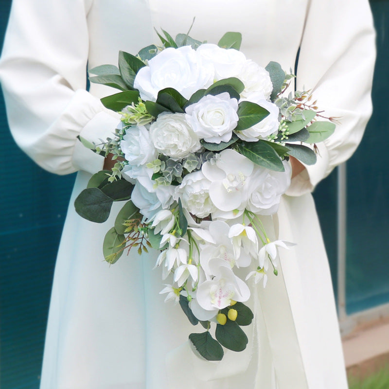 11 Inch White Rose and Orchid Cascading Bridal Bouquet Artificial Flowers Bulk Quantity