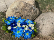 Royal Blue Artificial Cemetery Flower Saddle – Bulk Headstone Floral Arrangement
