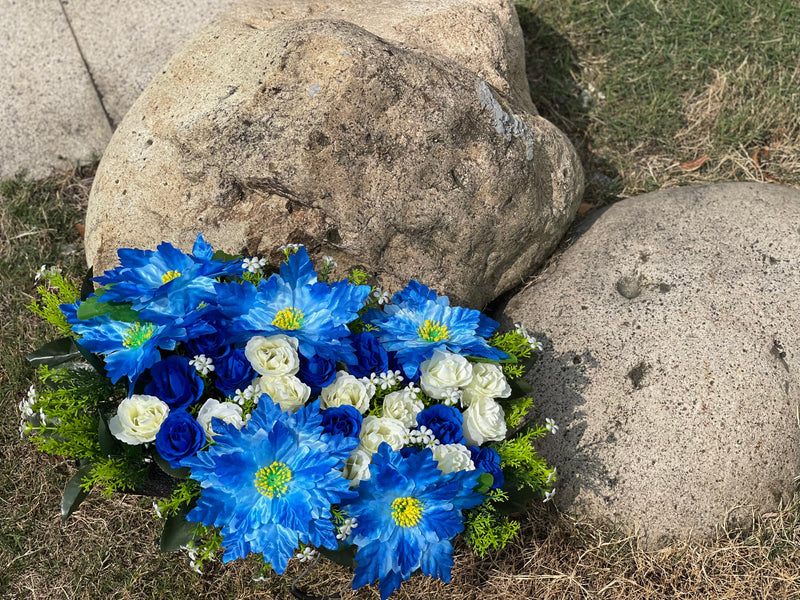 Royal Blue Artificial Cemetery Flower Saddle – Bulk Headstone Floral Arrangement