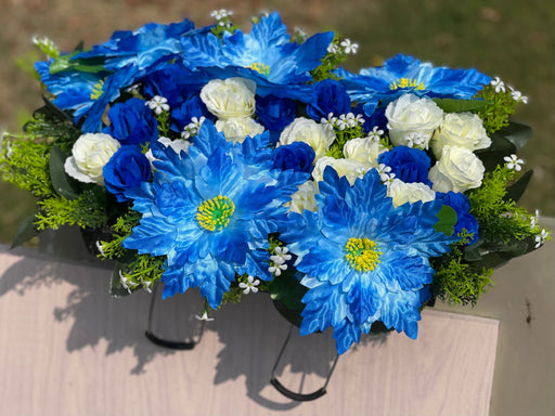 Royal Blue Artificial Cemetery Flower Saddle – Bulk Headstone Floral Arrangement