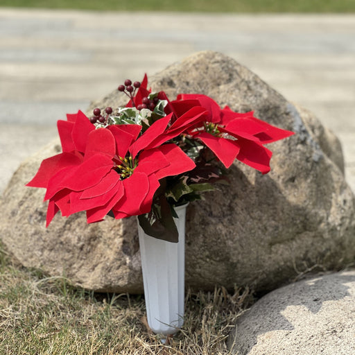 Artificial Poinsettia and Red Berry Cemetery Flowers in Vase, 12 Inch, Bulk Memorial Artificial Floral Arrangement for Graves, Wholesale