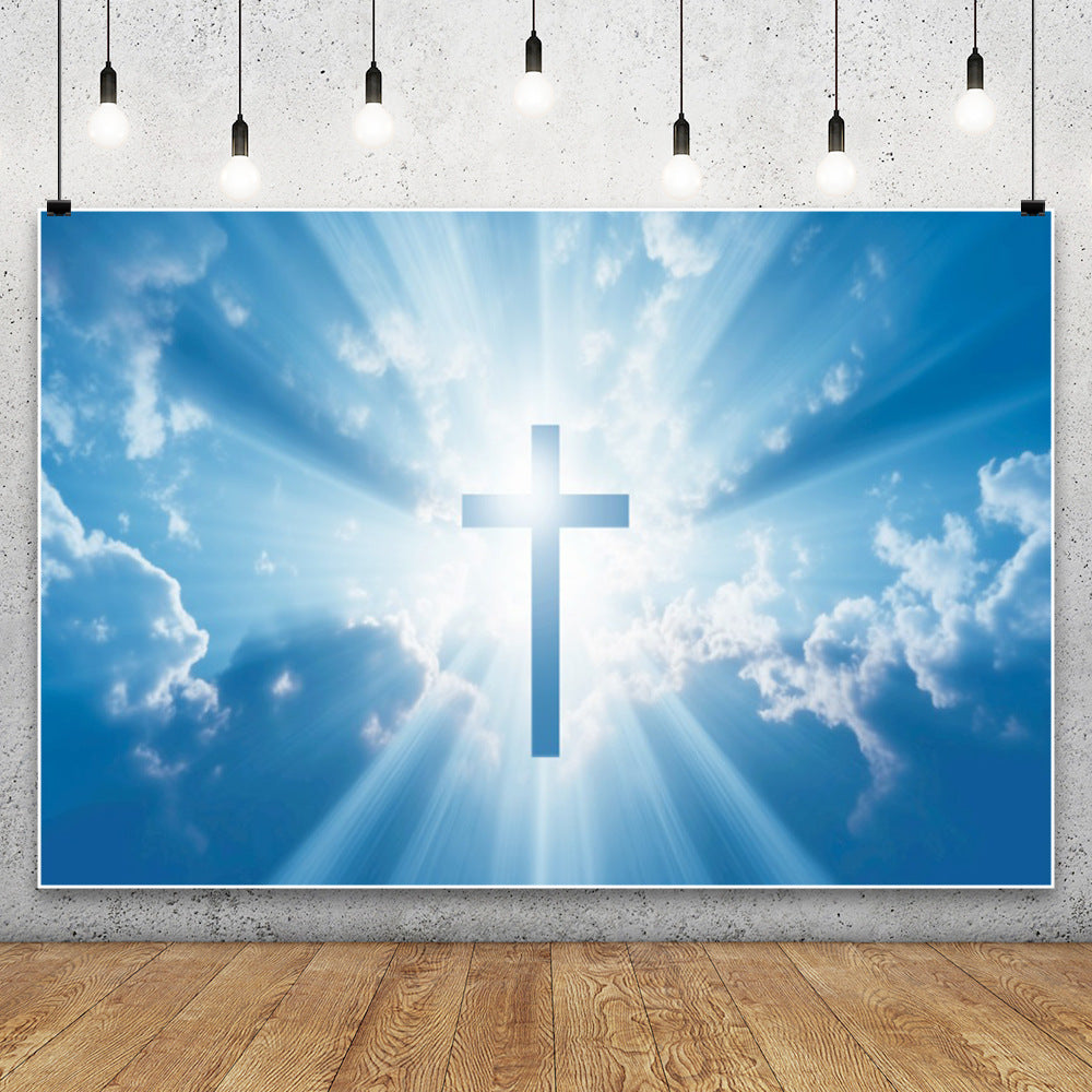 Christian Cross Backdrop for Newborn Baptism - Blue Sky Sunlight Religious Party Decoration Background