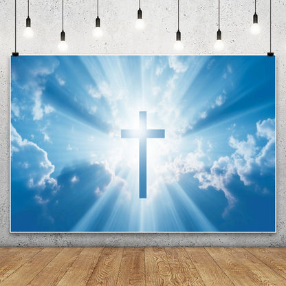 Christian Cross Backdrop for Newborn Baptism - Blue Sky Sunlight Religious Party Decoration Background