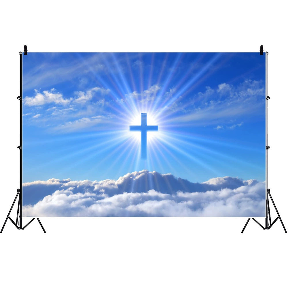 Christian Cross Backdrop for Newborn Baptism - Blue Sky Sunlight Religious Party Decoration Background