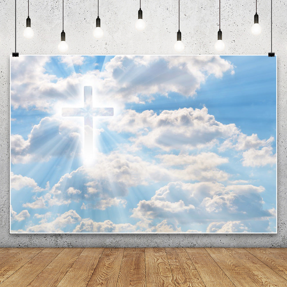 Christian Cross Backdrop for Newborn Baptism - Blue Sky Sunlight Religious Party Decoration Background