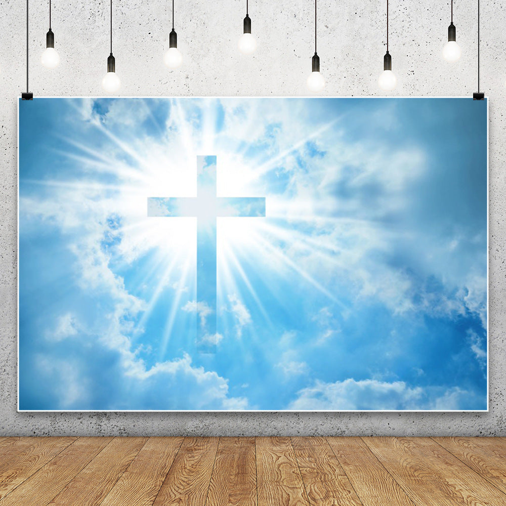 Christian Cross Backdrop for Newborn Baptism - Blue Sky Sunlight Religious Party Decoration Background