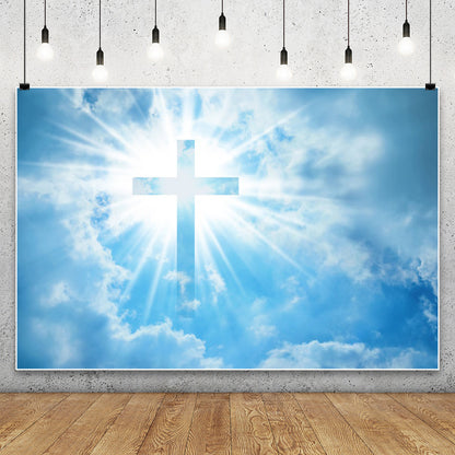 Christian Cross Backdrop for Newborn Baptism - Blue Sky Sunlight Religious Party Decoration Background