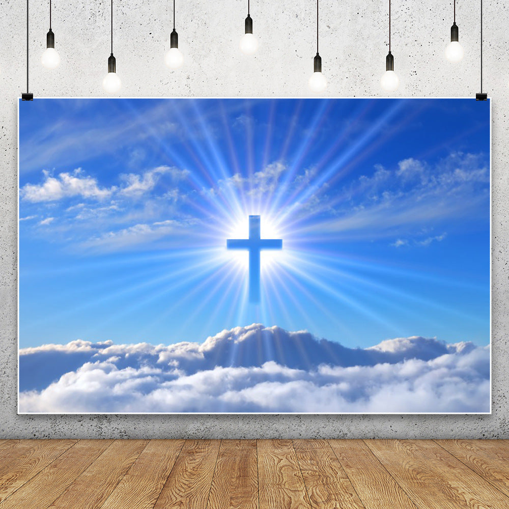 Christian Cross Backdrop for Newborn Baptism - Blue Sky Sunlight Religious Party Decoration Background